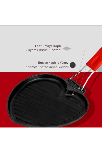 Lava Tel ve Silikon Saplı Izgara Tava -Kalp Şekilli- 22X23 cm Kırmızı - 5