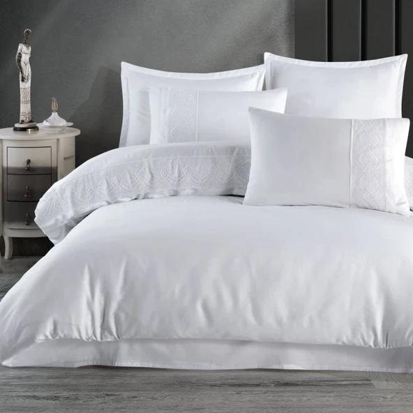 Clasy Saten Çift Kişilik Nevresim Takımı Butik Serisi Valinor Beyaz ürün görseli