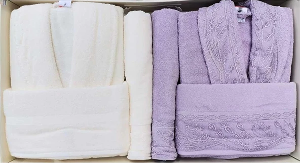 Özdilek Ruby Aile Bornoz Seti Krem Mürdüm - Resim 2