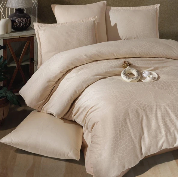 Clasy Jakarlı Saten Çift Kişilik Nevresim Takımı Mandarin Bej - Resim 2