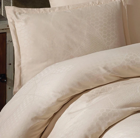 Clasy Jakarlı Saten Çift Kişilik Nevresim Takımı Mandarin Bej - Resim 3