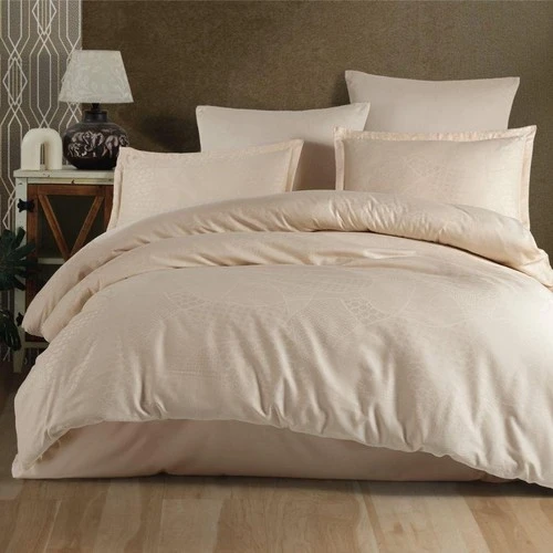 Clasy Jakarlı Saten Çift Kişilik Nevresim Takımı Mandarin Bej ürün görseli 1