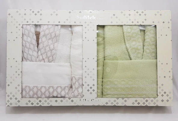 Özdilek Aile Bornoz Seti Aqua Krem/Yeşil