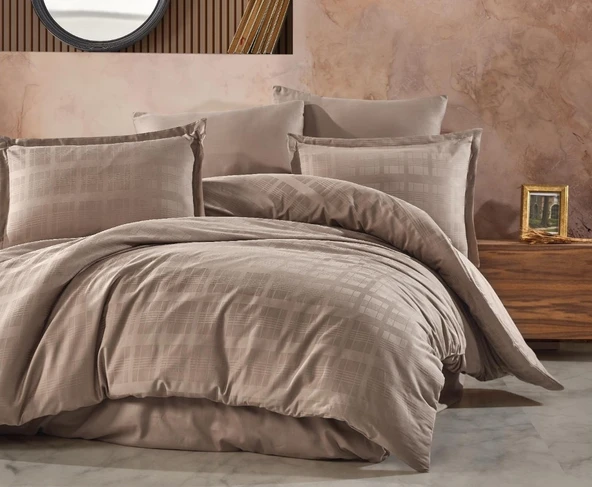 Clasy Çizgili Saten Çift Kişilik Nevresim Takımı Marsela Açık Kahve ürün görseli