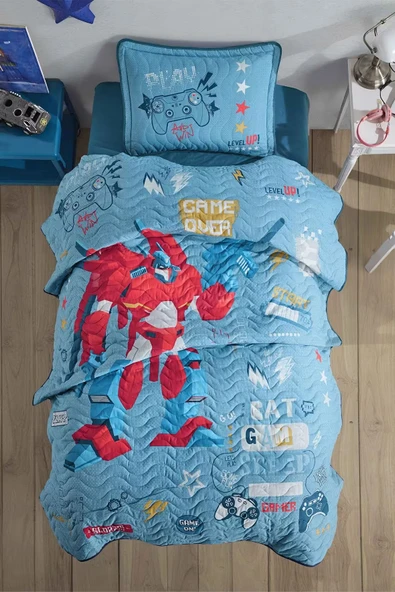Clasy Tek Kişilik Genç Yatak Örtüsü Game Over Mavi ürün görseli