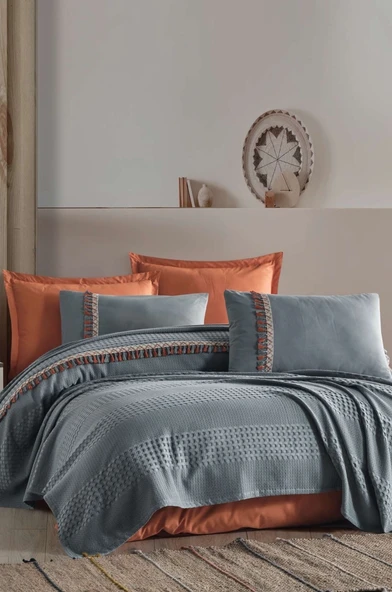 Clasy Butik Tek Kişilik Püsküllü Pike Takımı Bohemline Gri ürün görseli 1