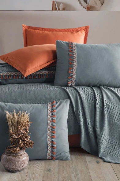 Clasy Butik Tek Kişilik Püsküllü Pike Takımı Bohemline Gri - Resim 2