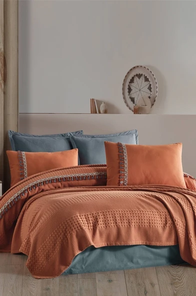 Clasy Butik Tek Kişilik Püsküllü Pike Takımı Bohemline Kiremit - Resim 4