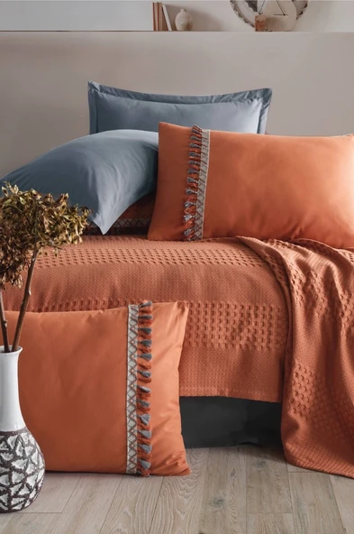 Clasy Butik Tek Kişilik Püsküllü Pike Takımı Bohemline Kiremit - Resim 2