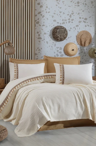 Clasy Butik Çift Kişilik Pike Takımı Bohemline V5 Ekru ürün görseli 1