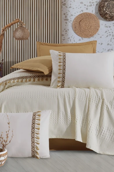 Clasy Butik Çift Kişilik Pike Takımı Bohemline V5 Ekru - Resim 2