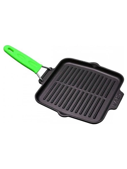 Lava Tel ve Silikon Saplı Döküm Demir  Kare Izgara Tava 21x21 cm Yeşil