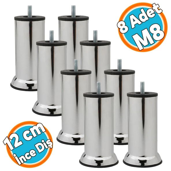 Mobilya Yükseltici Kanepe Baza Koltuk Destek Ayağı M8 Civata Krom Ayak 12 cm (8 ADET) ürün görseli