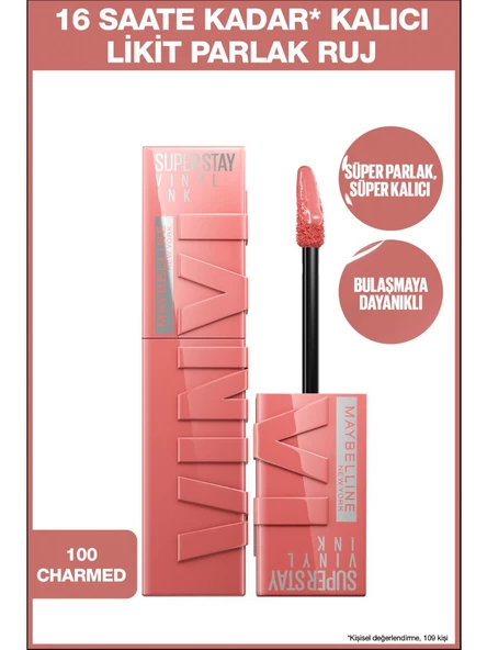 Maybelline New York Super Stay Vinyl Ink Uzun Süre Kalıcı Likit Parlak Ruj 100 Charmed