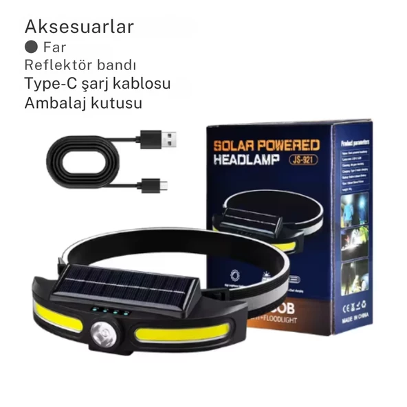 Solar Şarjlı Su Geçirmez Kafa Feneri - USB Şarjlı, 14500 Pil, Çift Işık Kaynağı or-921 - 7