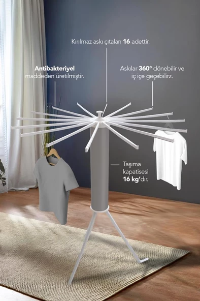 House Plus Hely Açılıp Kapanabilir 360° Dönebilen Kurutmalık Askısı Gri – KRT57058-1