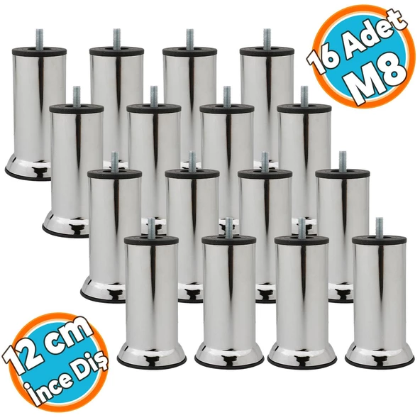 Mobilya Yükseltici Kanepe Baza Koltuk Destek Ayağı M8 Civata İnce Diş Krom Ayak 12 cm (16 ADET) ürün görseli