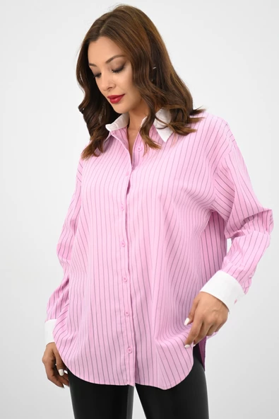 Kadın Rahat Kalıp Mavi Çizgili Manşetli Gömlek 1804-25 - 9