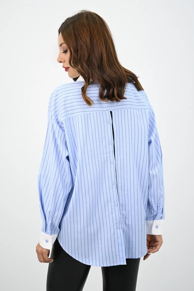 Kadın Rahat Kalıp Mavi Çizgili Manşetli Gömlek 1804-25 - 5