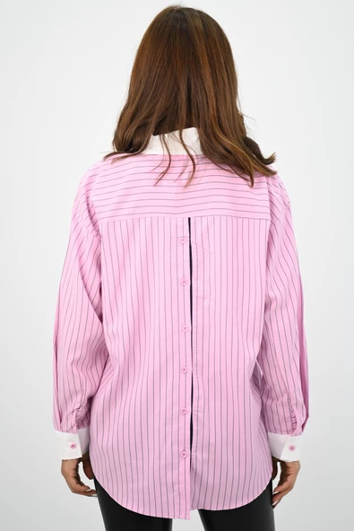 Kadın Rahat Kalıp Mavi Çizgili Manşetli Gömlek 1804-25 - 11