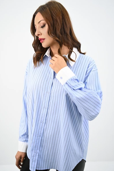 Kadın Rahat Kalıp Mavi Çizgili Manşetli Gömlek 1804-25 - 6