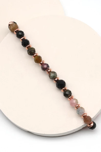 Turmalin Doğal Taş Makrome Örme Bileklik Fasetli Küre Kesim - Resim 2