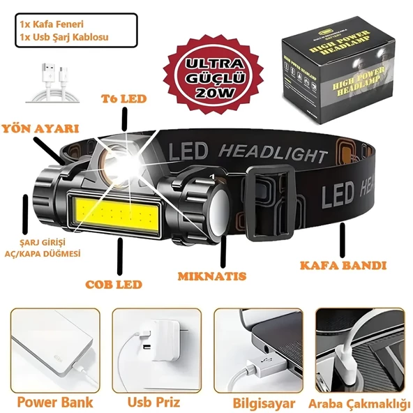 Ultra Güçlü Şarjlı Mıknatıslı Kafa Lambası Cob Led Avcı Balıkçı Kamp Feneri Deprem Işığı - 3
