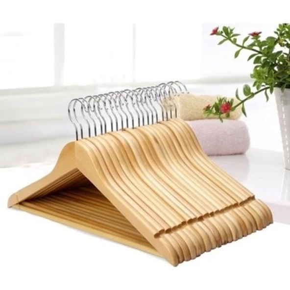 KULVARAVM 6 Adet Lüxs Cılalı Ahşap Vernikli Naturel Elbise Askısı Pürüzsüz