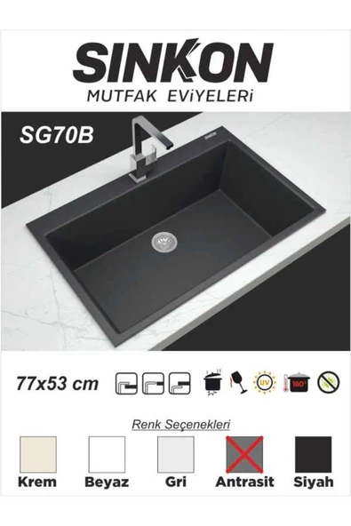 SİNKON Antrasit Granit Evye 77x53 - SG70B - Sinkon