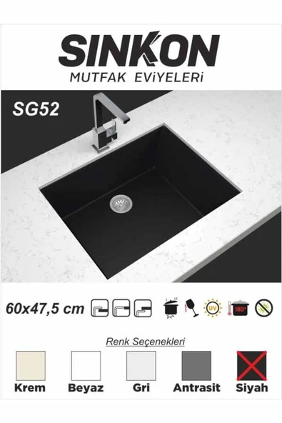 SİNKON Siyah Granit Evye 60x47,5 - SG52 - Sinkon