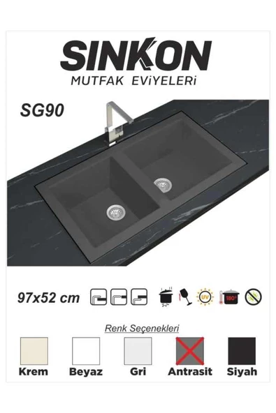 SİNKON Antrasit Granit Evye 97x52 / Çift Gözlü - SG90 - Sinkon