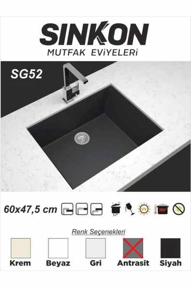 SİNKON Antrasit Granit Evye 60x47,5 - SG52 - Sinkon