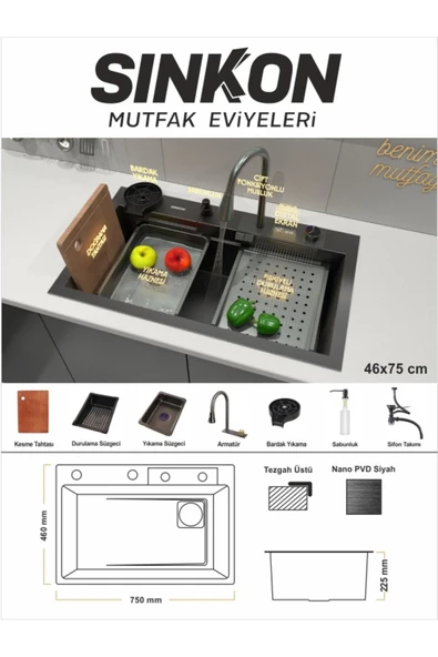 KULVARAVM Dijital eviye Akıllı Evye  Yeni Nesil Eviye Mutfak Dekorasyon EVİYE 75X46