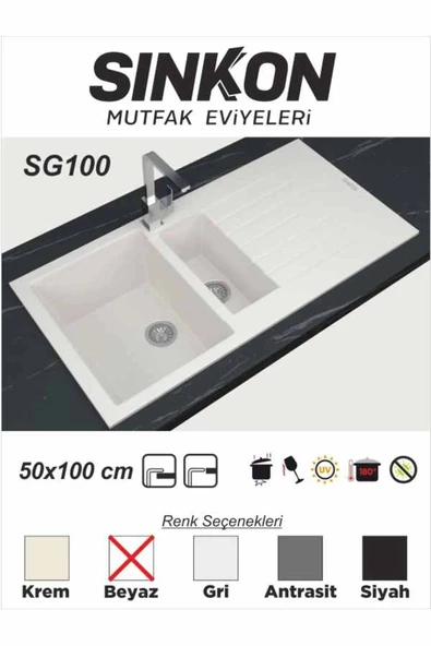 SİNKON Beyaz Granit Evye 50x100 / 1,5 Göz - SG100 - Sinkon