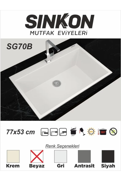 SİNKON Beyaz Granit Evye 77x53 - SG70B - Sinkon