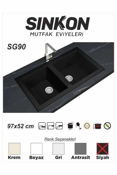 SİNKON Siyah Granit Evye 97x52 / Çift Gözlü - SG90 - Sinkon