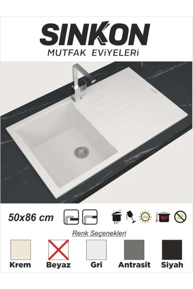 SİNKON Beyaz Granit Evye 50x86 - SG86 - Sinkon