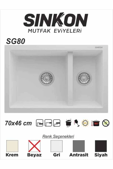 SİNKON Beyaz Granit Evye 70x46 / 1,5 Göz - SG80 - Sinkon