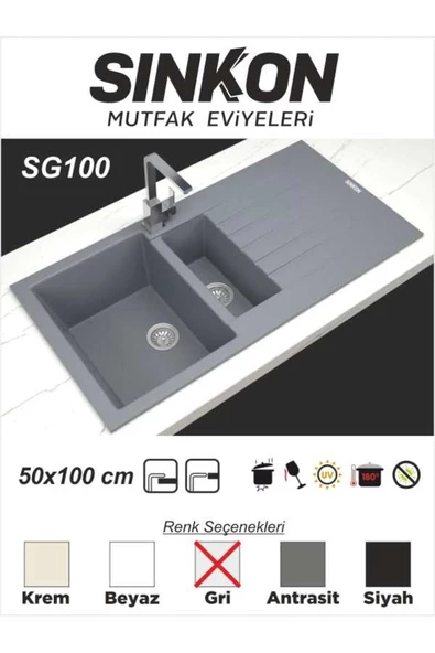 SİNKON Gri Granit Evye 50x100 / 1,5 Göz - SG100 - Sinkon