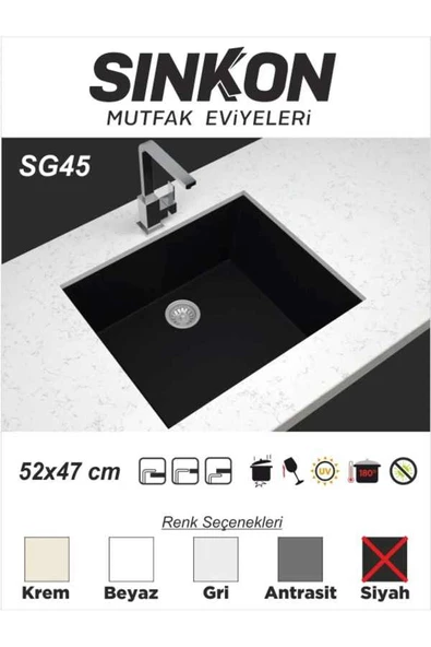 SİNKON Siyah Granit Evye 52x47 - SG45 - Sinkon