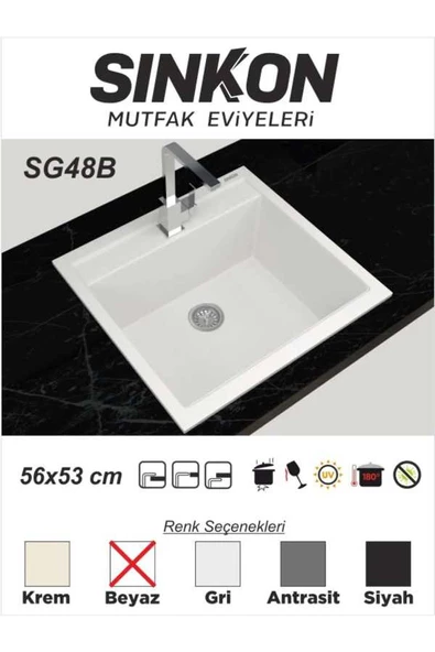 SİNKON Beyaz Granit Evye 56x53 - SG48B - Sinkon