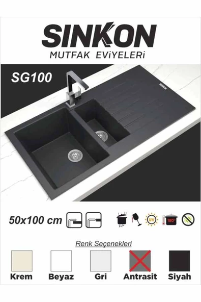 SİNKON Antrasit Granit Evye 50x100 / 1,5 Göz - SG100 - Sinkon