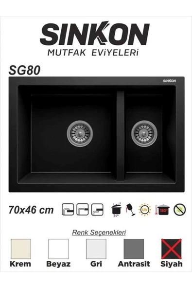 SİNKON Siyah Granit Evye 70x46 / 1,5 Göz - SG80 - Sinkon