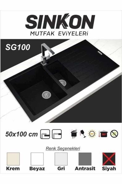 SİNKON Siyah Granit Evye 50x100 / 1,5 Göz - SG100 - Sinkon