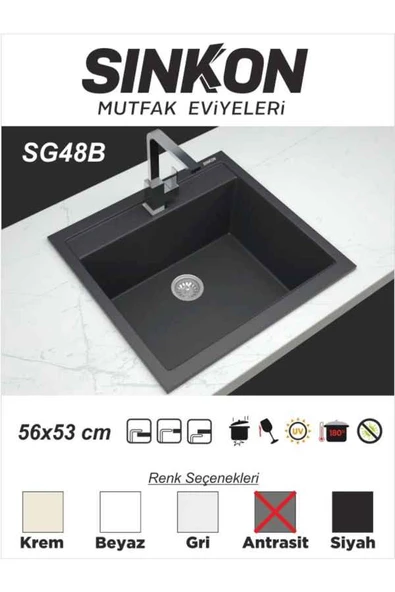 SİNKON Antrasit Granit Evye 56x53 - SG48B - Sinkon