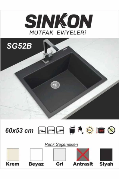 SİNKON Antrasit Granit Evye 60x53 - SG52B - Sinkon