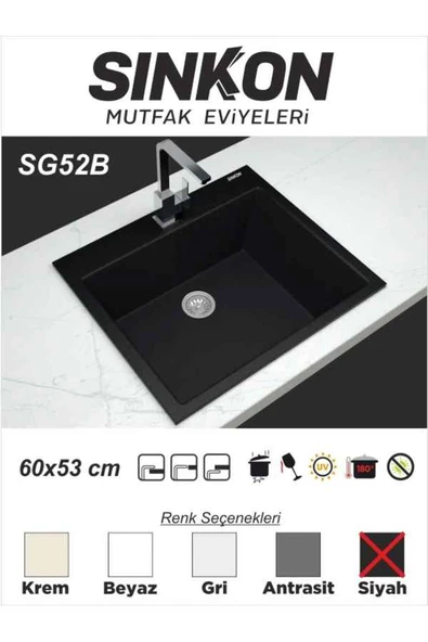 SİNKON Siyah Granit Evye 60x53 - SG52B - Sinkon