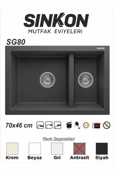 SİNKON Antrasit Granit Evye 70x46 / 1,5 Göz - SG80 - Sinkon