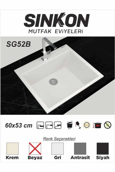 SİNKON Beyaz Granit Evye 60x53 - SG52B - Sinkon