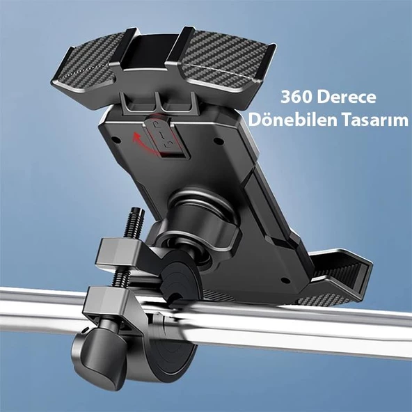 Polham Motosiklet,Bisiklet ve Scooter İçin Gidon Uyumlu Telefon Tutucu,360 Derece Dönebilen Darbe Emici - 3
